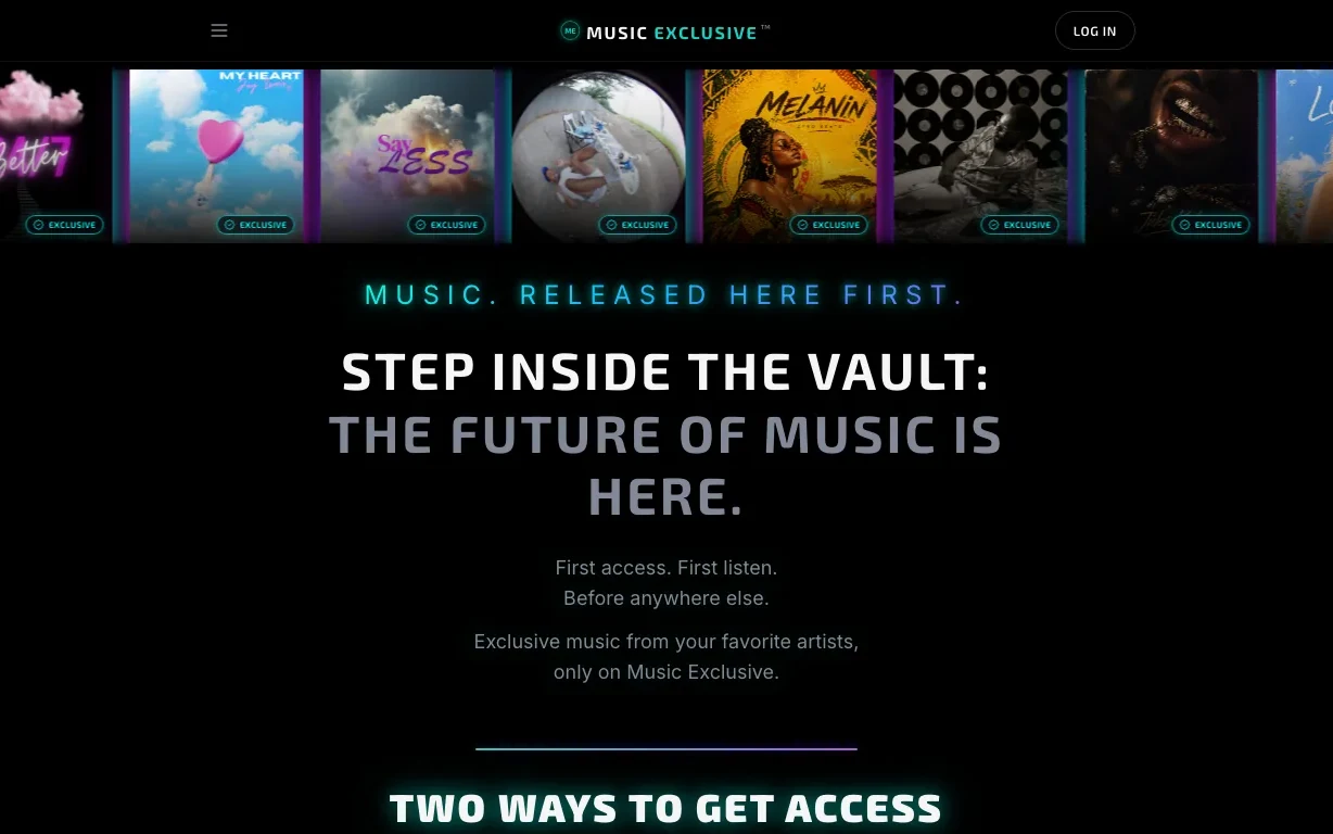 Music Exclusive home page: a row of album covers above the headline Step inside the vault: the future of music is here.