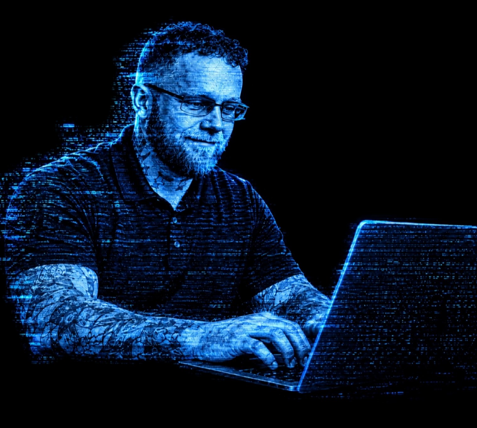 Patrick Gibbs working at his laptop, rendered in electric blue pixels