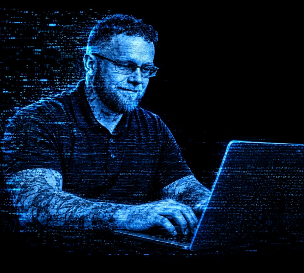Patrick Gibbs working at his laptop, rendered in electric blue pixels