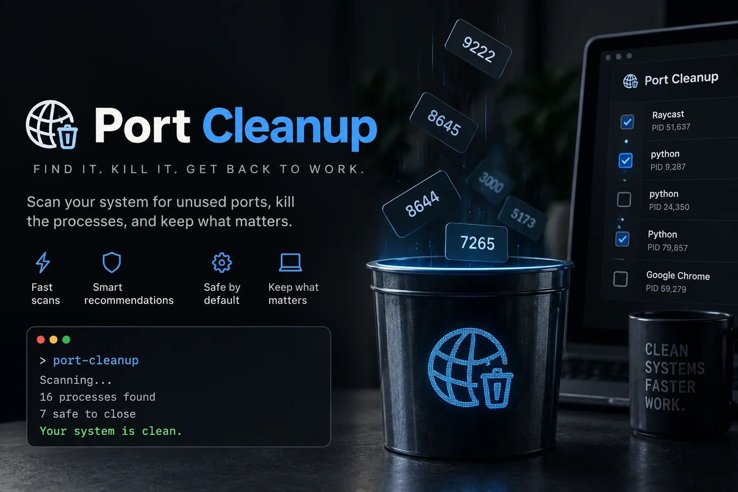 Port Cleanup promotional artwork with blue port numbers falling into a glowing bin beside the Port Cleanup interface.