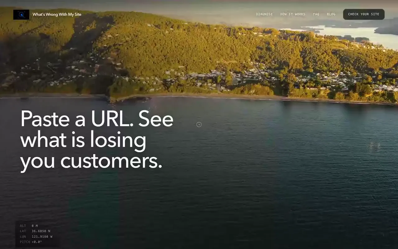 What's Wrong With My Site home page: an aerial view of a wooded coastline behind the headline Paste a URL. See what is losing you customers.