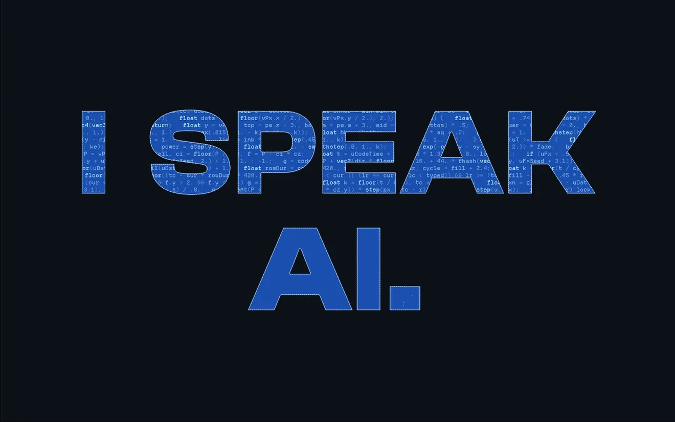 The words I SPEAK AI. filled with lines of blue code
